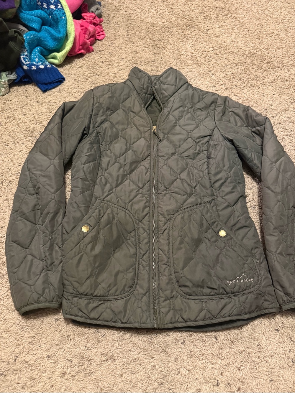 Eddie Bauer Quilted Olive Puffer Jacket with Snap Pockets